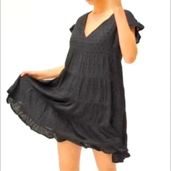 Urban Outfitters Dresses & Skirts - Urban Outfitters Black Swiss Dot Tiered Ruffle Sleeve Lined Babydloll Tiered XS